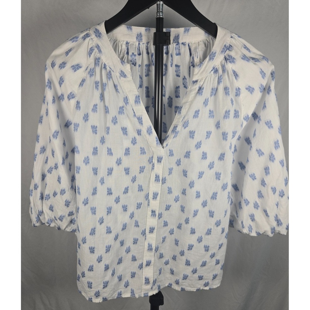 Blue White Leaf Print Peasant Top Sz S Puff Sleeve Cotton Blend Boho Cottagecore